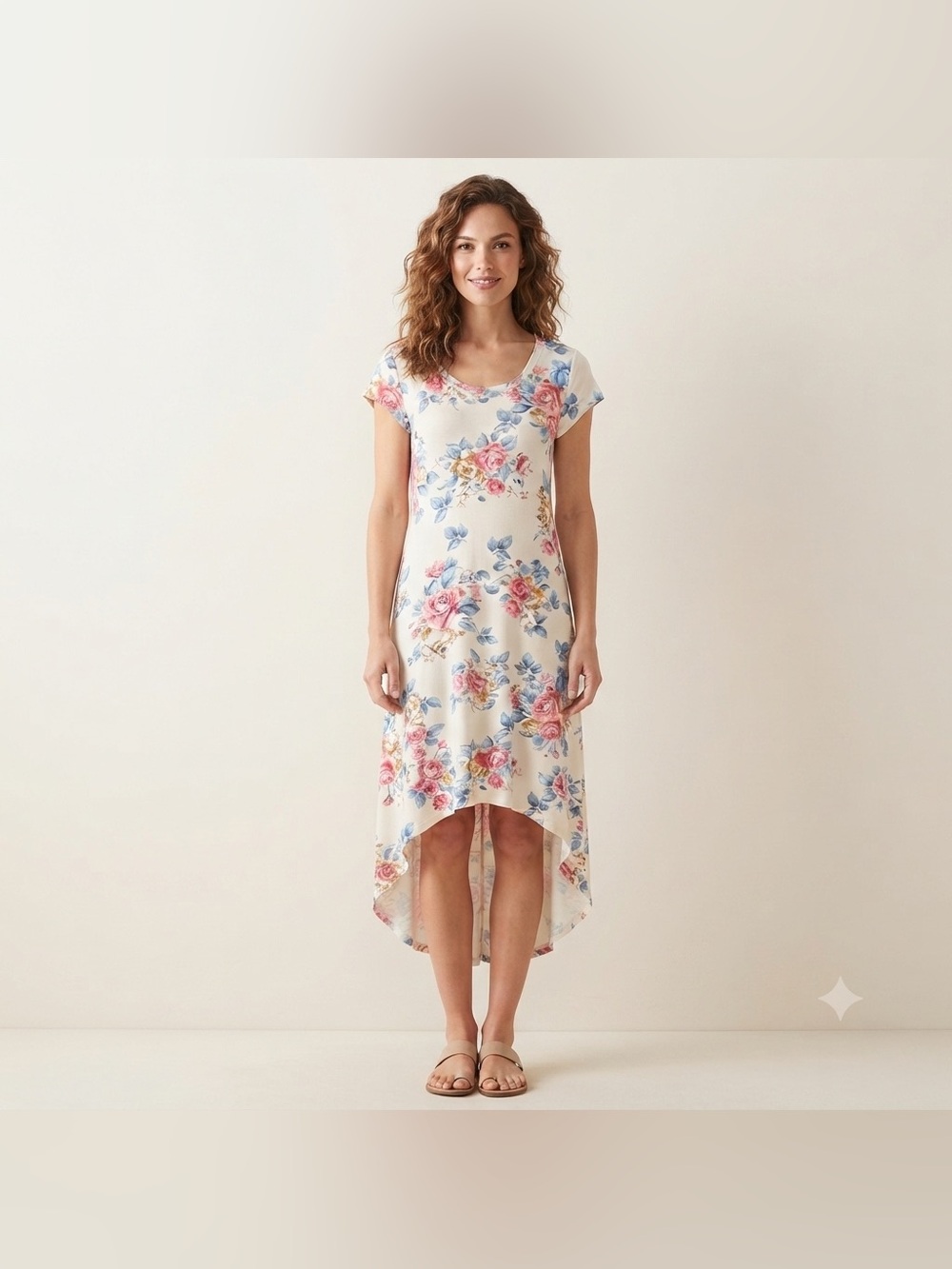 Magazine Short Sleeve Scoopneck Floral High Low Ultra Soft Dress Womens Size L